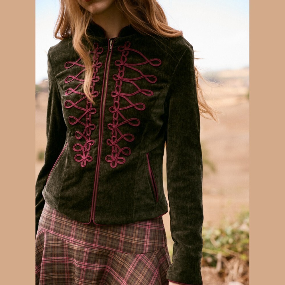 Olive Green Velvet / Burgundy Braid Trim Stand Collar Military Band Jacket